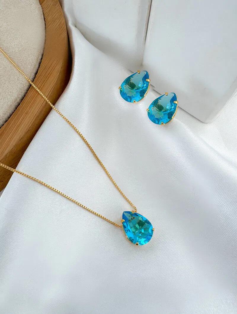 Conjunto Colar E Brinco De Gota Pedra cristal Folheado A Ouro
