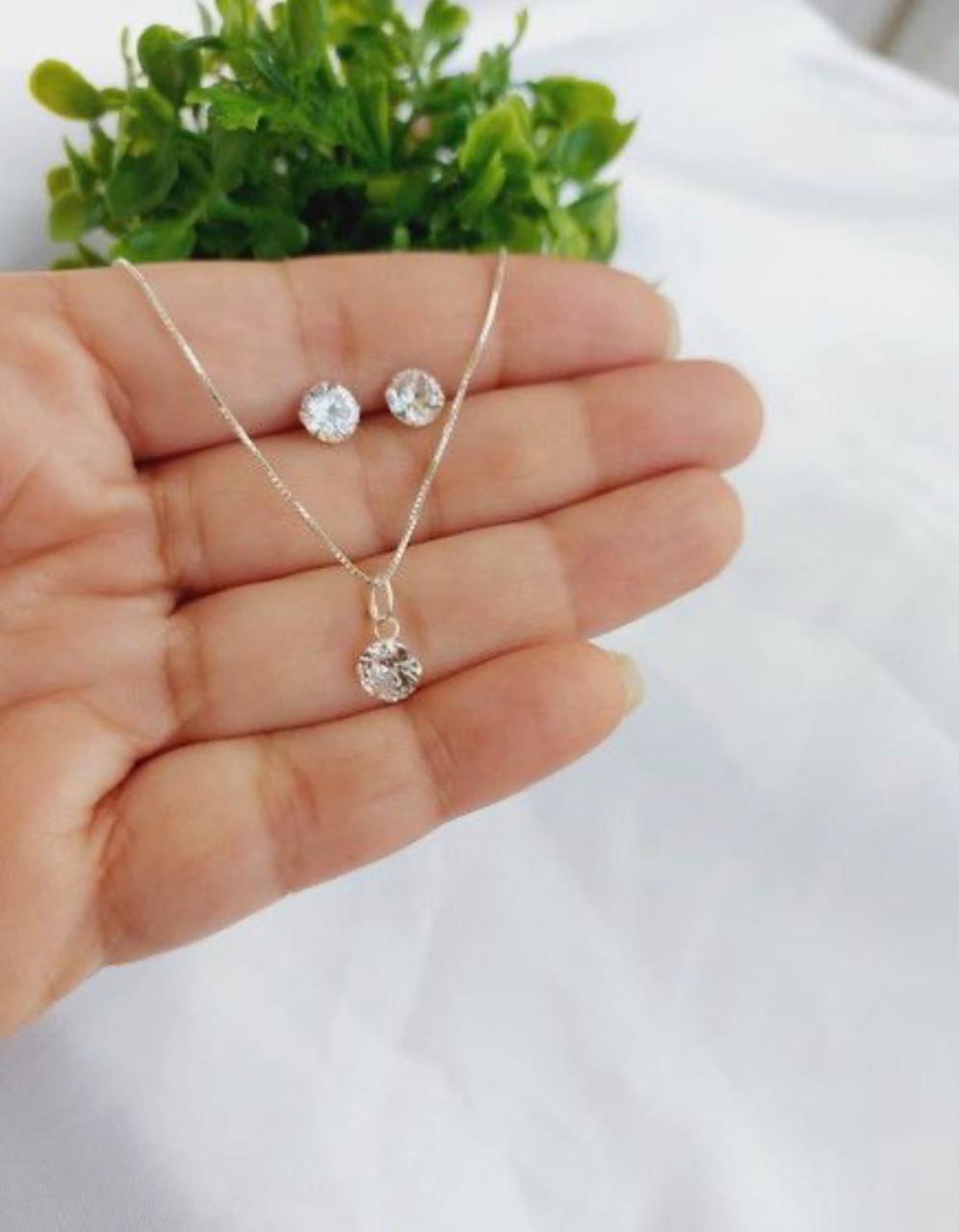 Colar E Brinco Argolinha Ponto De Luz Folheado A Prata 925
