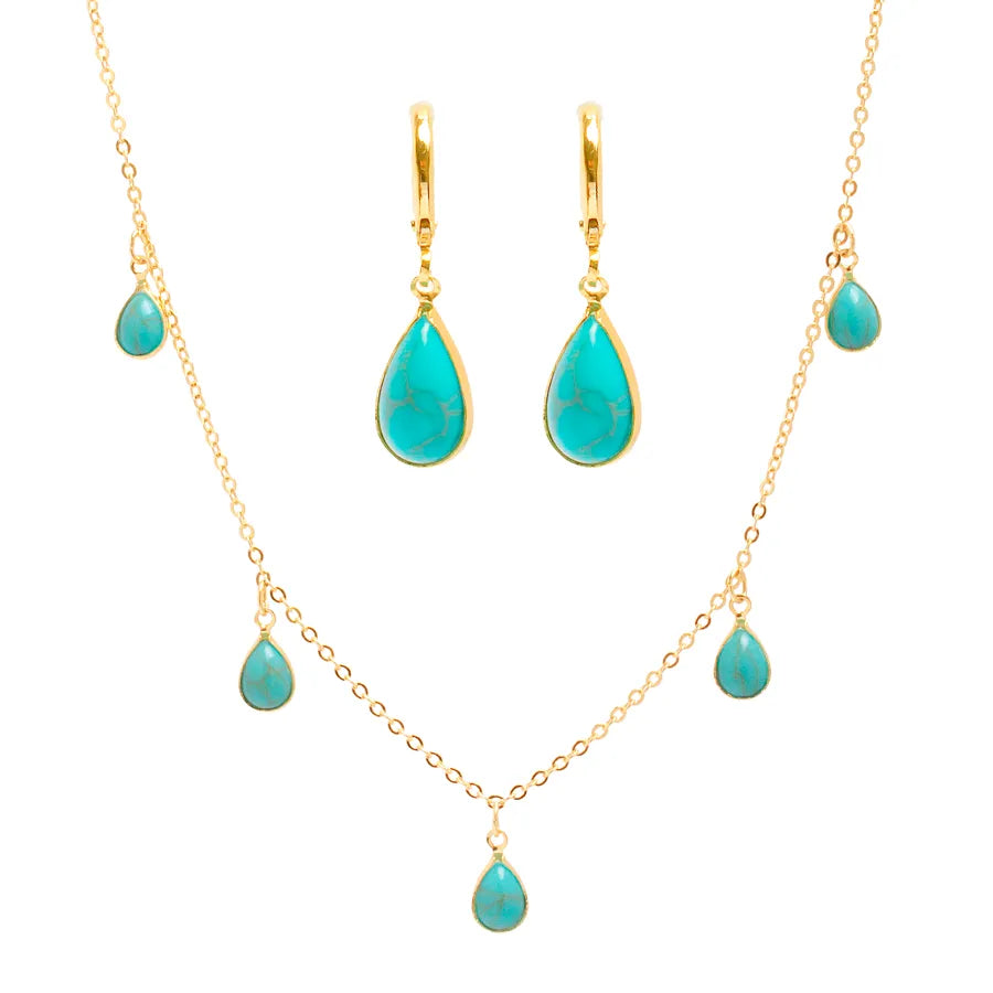 Conjunto Brinco E Colar Pingentes Gotas Turquesa Folheado A Ouro 18k