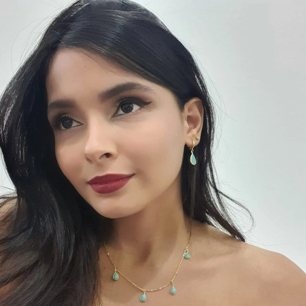 Conjunto Brinco E Colar Pingentes Gotas Turquesa Folheado A Ouro 18k